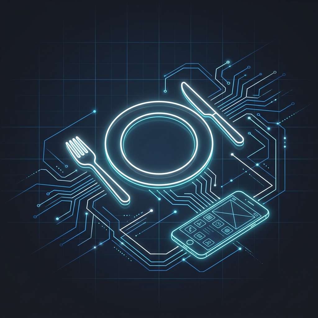 A minimalist neon diagram of dinner plate, fork, and knife on a blue grid background