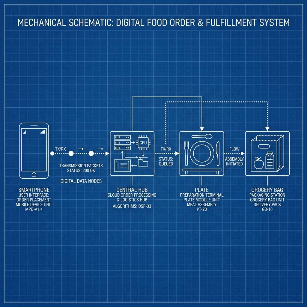 A blueprint diagram showing meal planning logic from smartphone to kitchen table and grocery bag